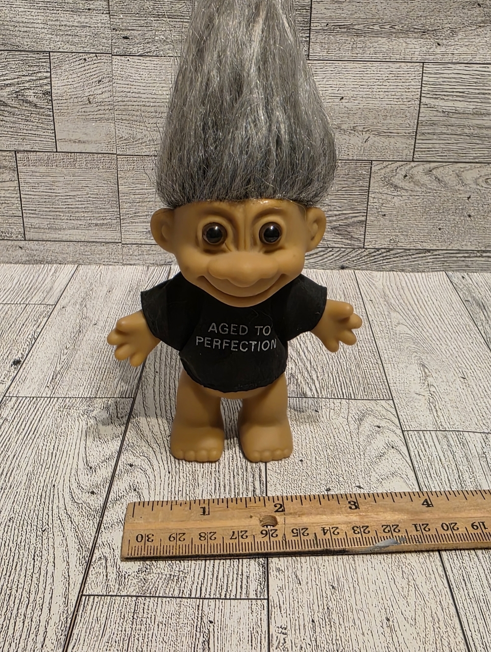 Russ Vintage Troll Doll with Gray Hair and Black Shirt